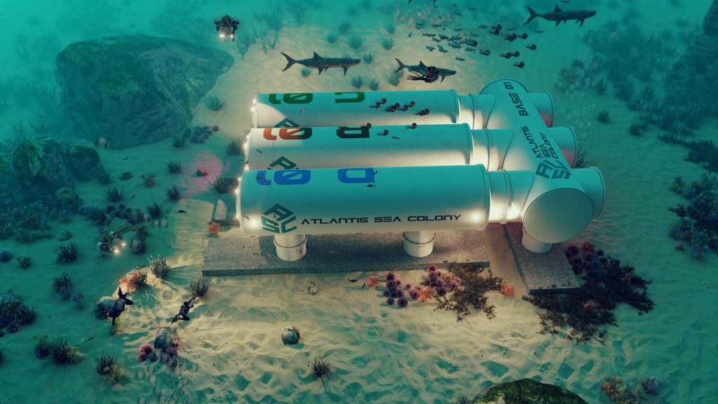 Atlantis Sea Colony underwater habitat, underwater hotel, underwater data center, underwater greenhouse, underwater scientific exploration